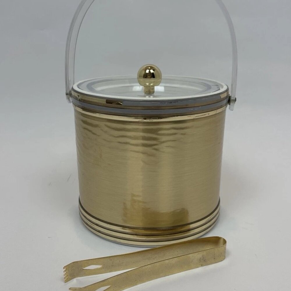 Vintage 1960 Georges Briard Satellite Gold Ice Bucket w/ Lid & Tongs ✨🍸